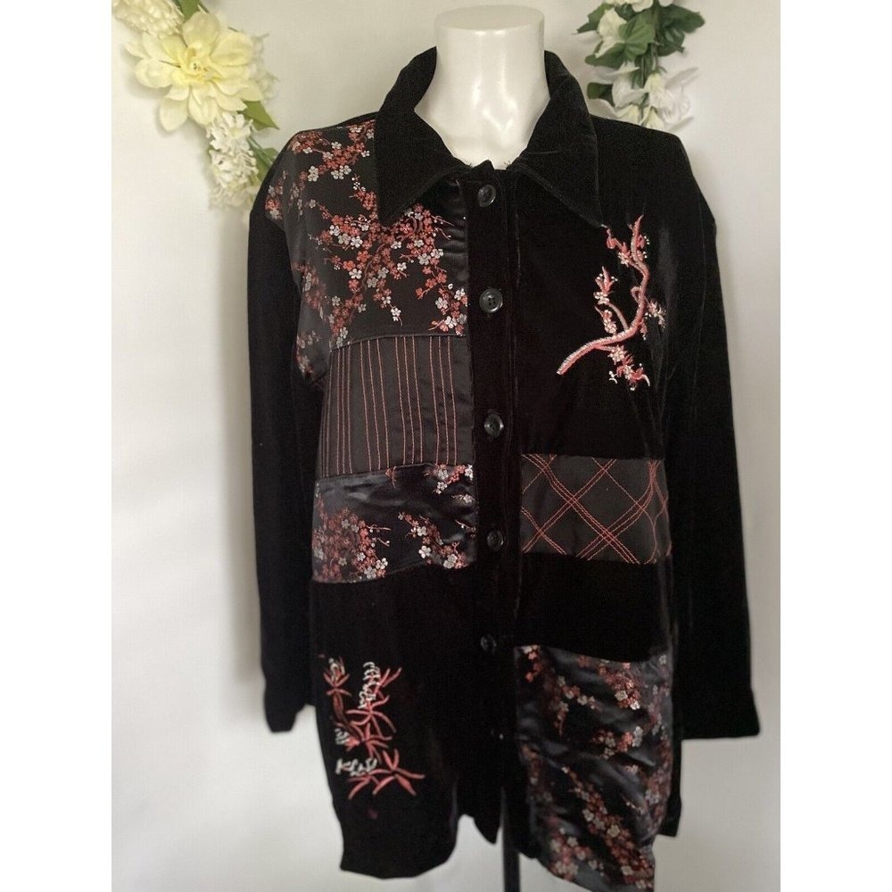 Vintage Robert Louis Embroidered Velvet Silk Floral Jacket Buttons Black XL